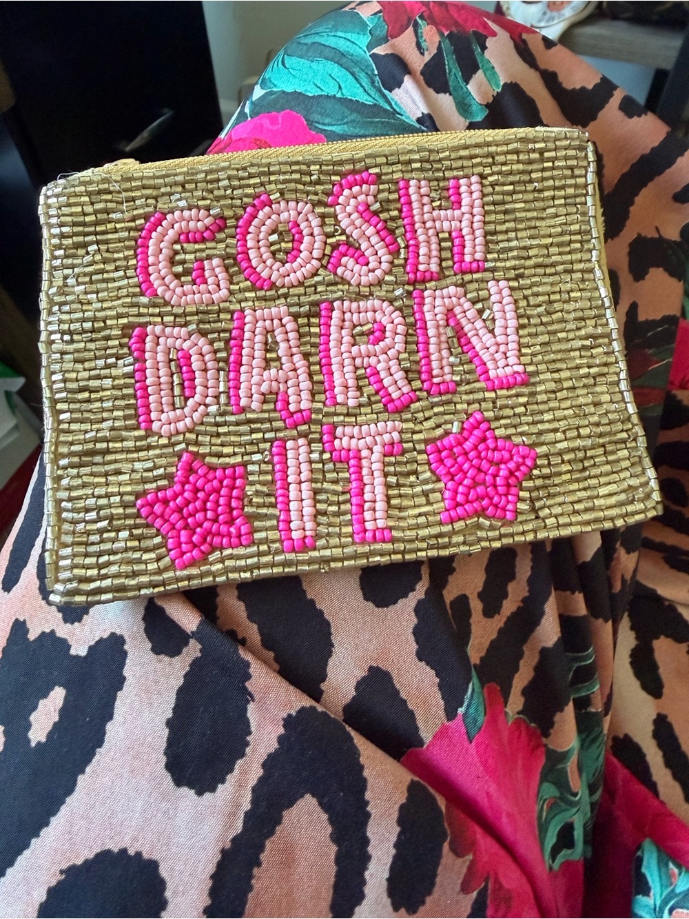 Gosh Darn It Beaded Clutch - Gold with Hot Pink Lettering